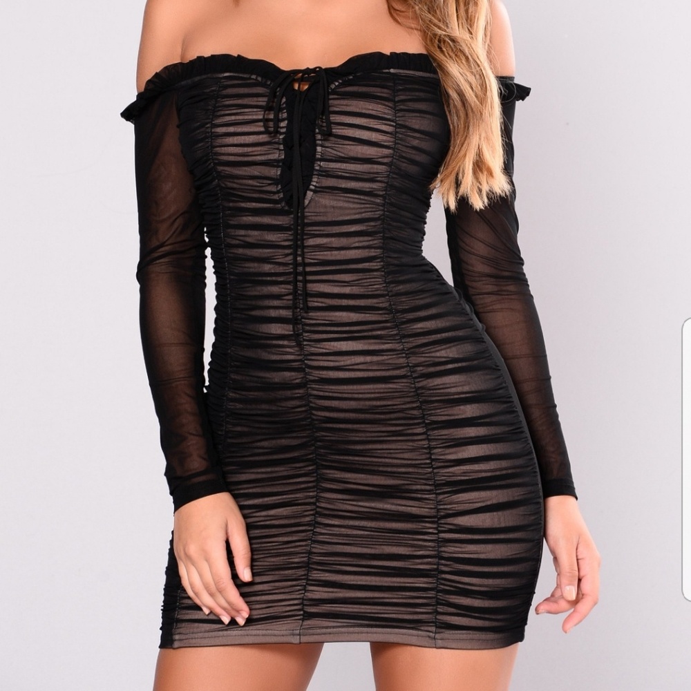 Black, off the shoulder, mini dress